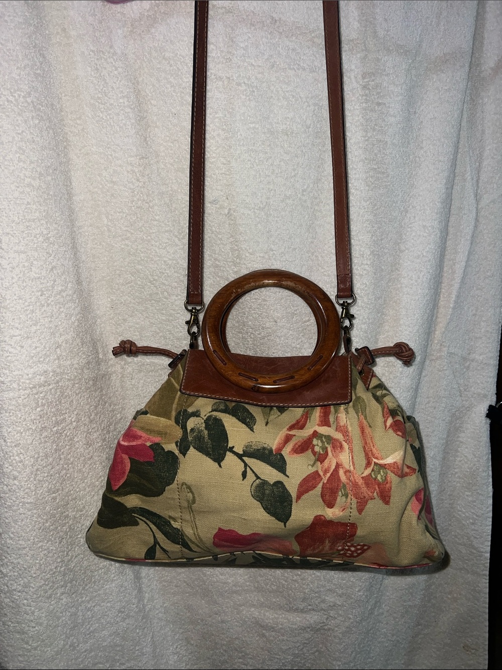 Vintage Fossil Tropical Floral canvas and leather satchel